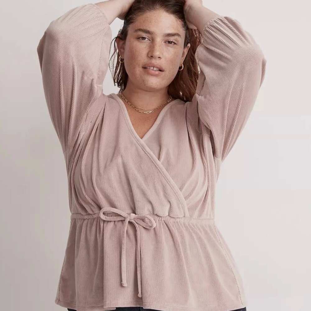 Madewell Corduroy Tie-Front Faux-Wrap‎ Top Dusty Pink Size XXL